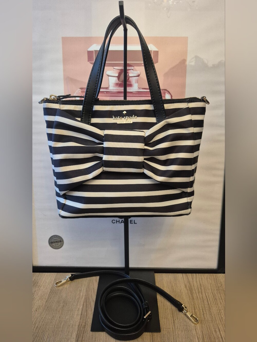 KATE SPADE Black And WHITE STRIPE SATCHEL With BOW